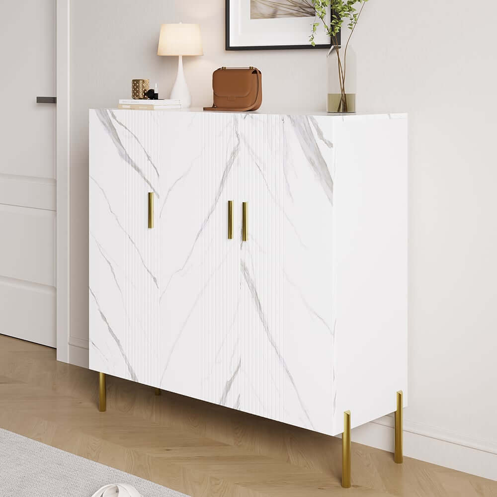 Modern White & Gold Shoe Cabinet with 3 Doors and 5 Shelves