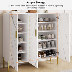 Modern White & Gold Shoe Cabinet with 3 Doors and 5 Shelves