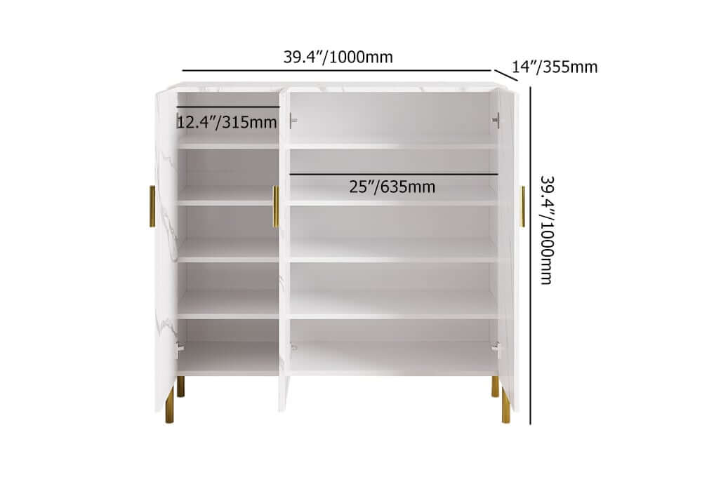 Modern White & Gold Shoe Cabinet with 3 Doors and 5 Shelves Dimensions