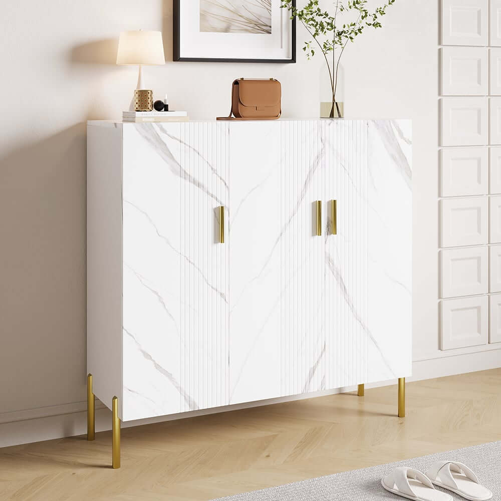 Modern White & Gold Shoe Cabinet with 3 Doors and 5 Shelves Main Product Image