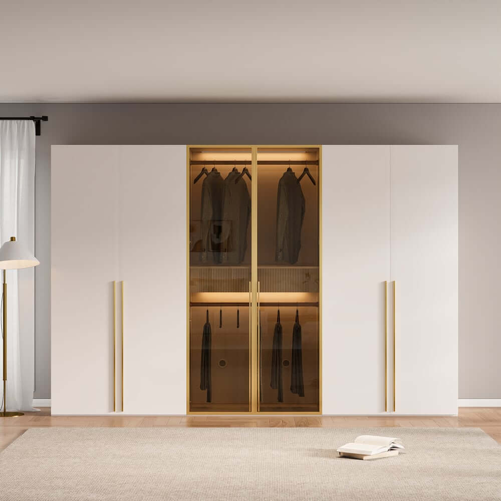 Modern White & Gold Wardrobe with LED Lighting and Glass Doors