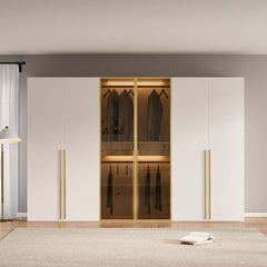 Modern White & Gold Wardrobe with LED Lighting and Glass Doors