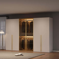 Modern White & Gold Wardrobe with LED Lighting and Glass Doors