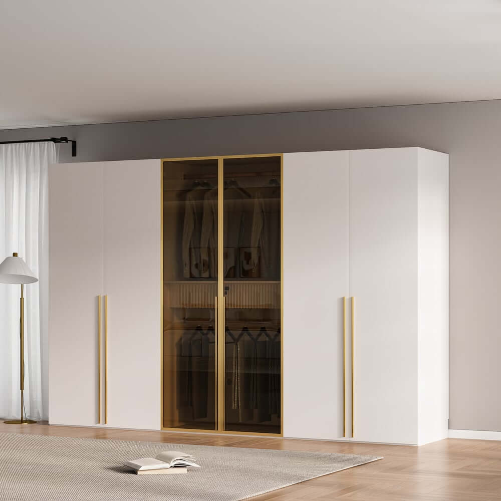 Modern White & Gold Wardrobe with LED Lighting and Glass Doors