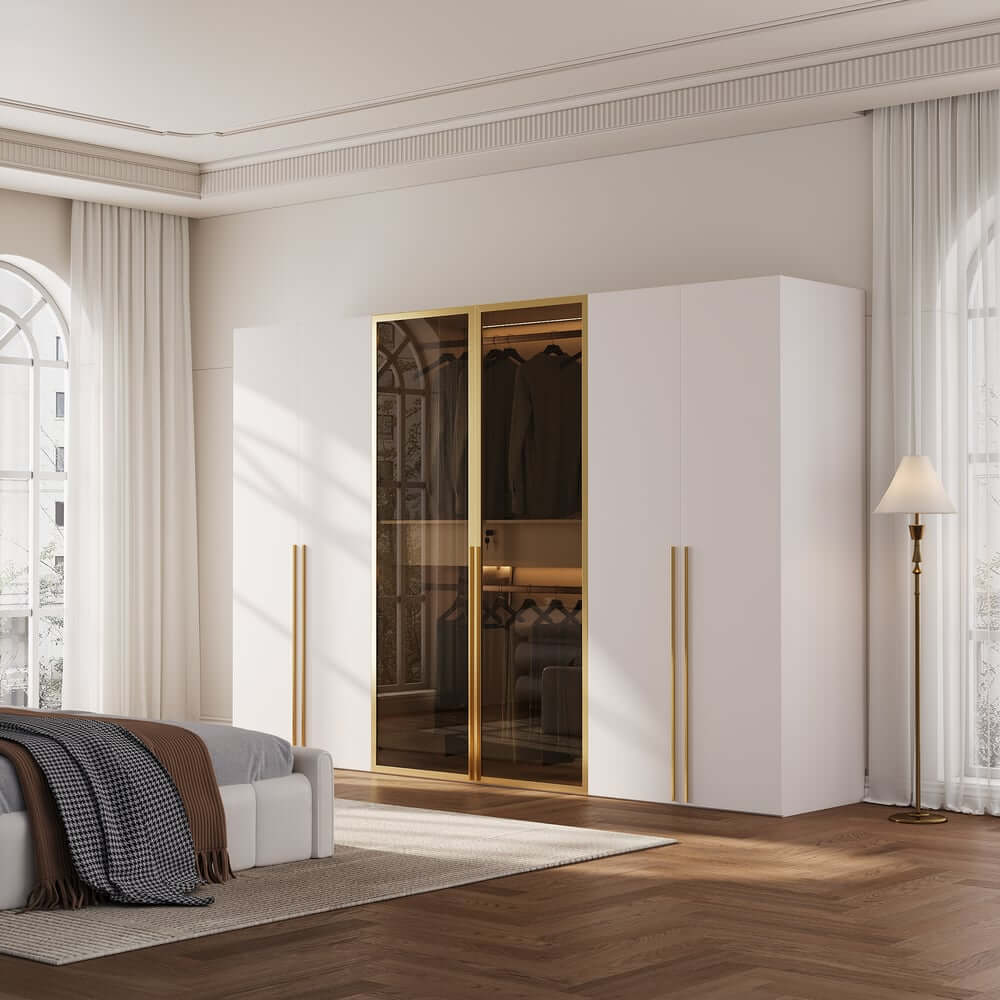 Modern White & Gold Wardrobe with LED Lighting and Glass Doors