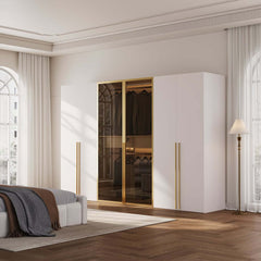 Modern White & Gold Wardrobe with LED Lighting and Glass Doors