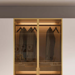 Modern White & Gold Wardrobe with LED Lighting and Glass Doors