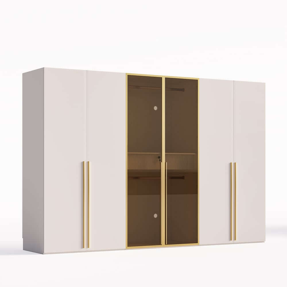 Modern White & Gold Wardrobe with LED Lighting and Glass Doors