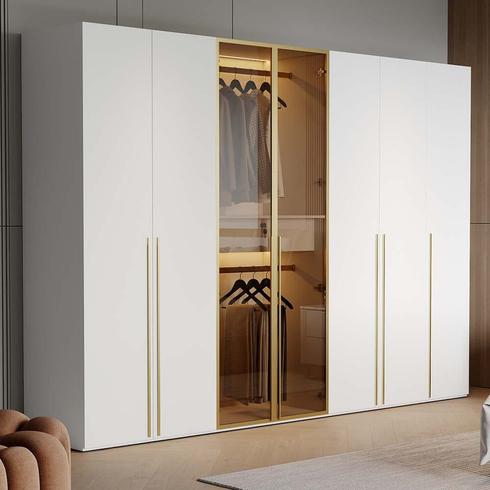 Modern White & Gold Wardrobe with LED Lighting and Glass Doors