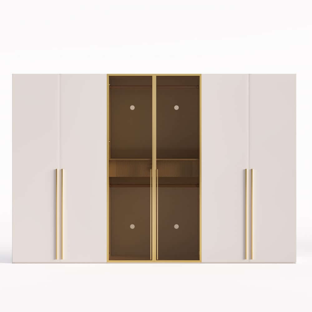 Modern White & Gold Wardrobe with LED Lighting and Glass Doors