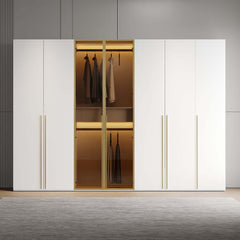 Modern White & Gold Wardrobe with LED Lighting and Glass Doors