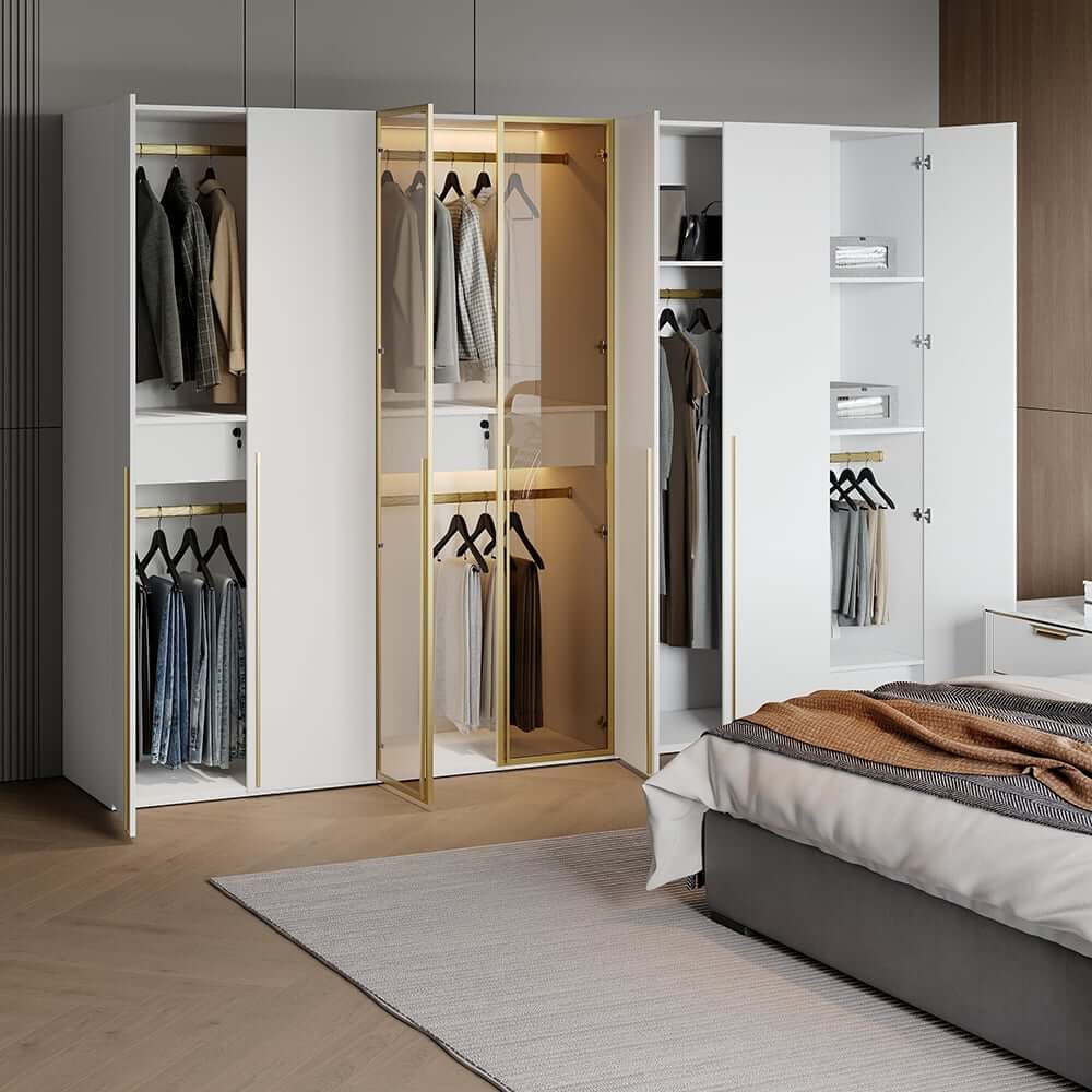 Modern White & Gold Wardrobe with LED Lighting and Glass Doors