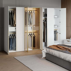Modern White & Gold Wardrobe with LED Lighting and Glass Doors