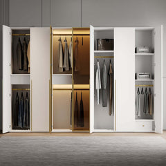 Modern White & Gold Wardrobe with LED Lighting and Glass Doors
