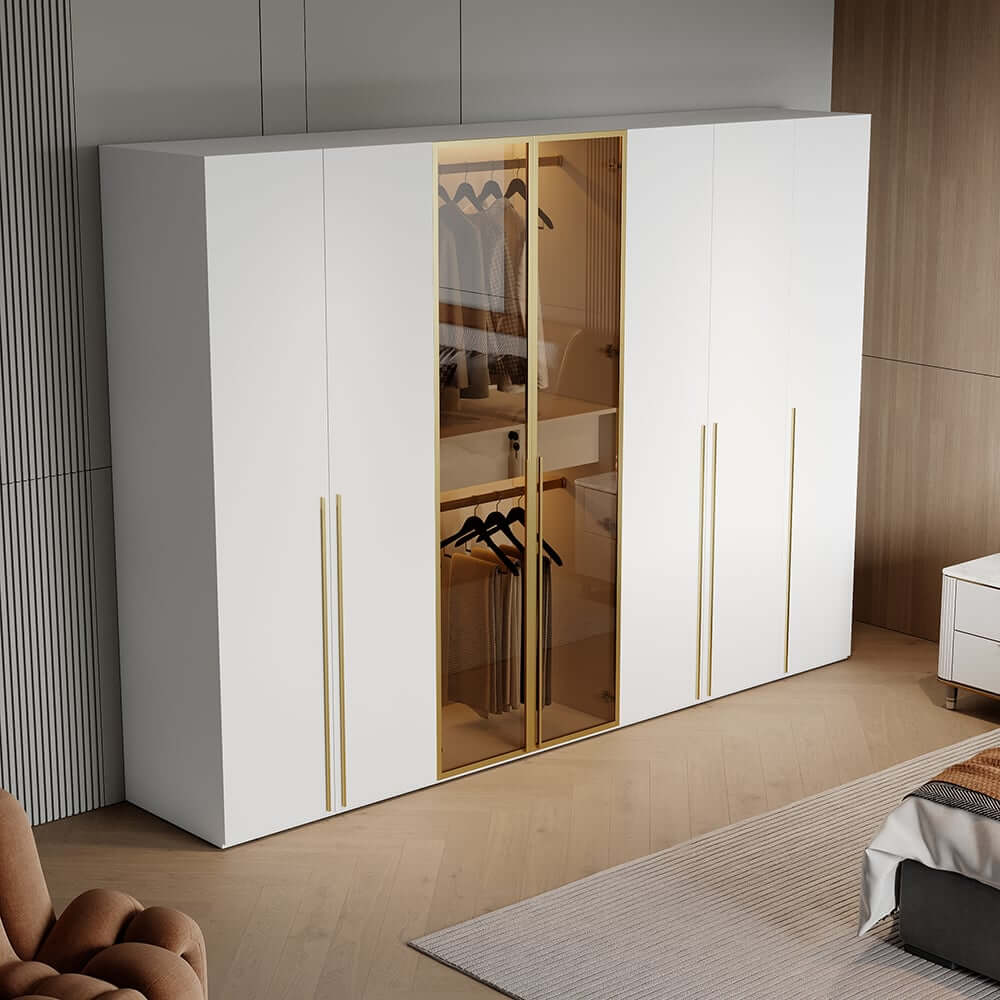 Modern White & Gold Wardrobe with LED Lighting and Glass Doors