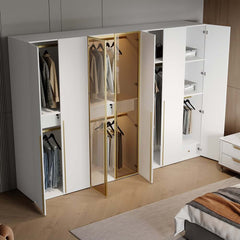 Modern White & Gold Wardrobe with LED Lighting and Glass Doors