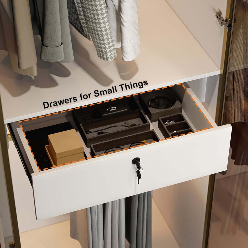 Modern White & Gold Wardrobe with LED Lighting and Glass Doors