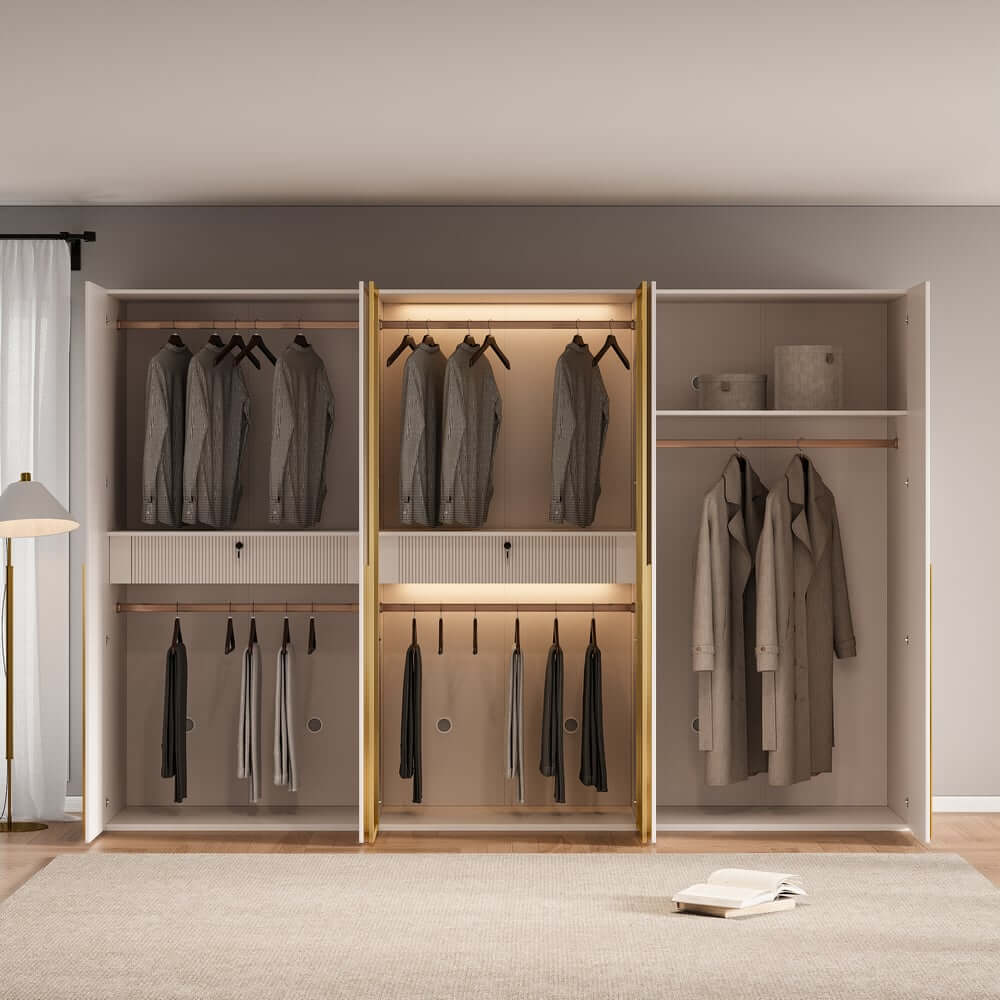 Modern White & Gold Wardrobe with LED Lighting and Glass Doors