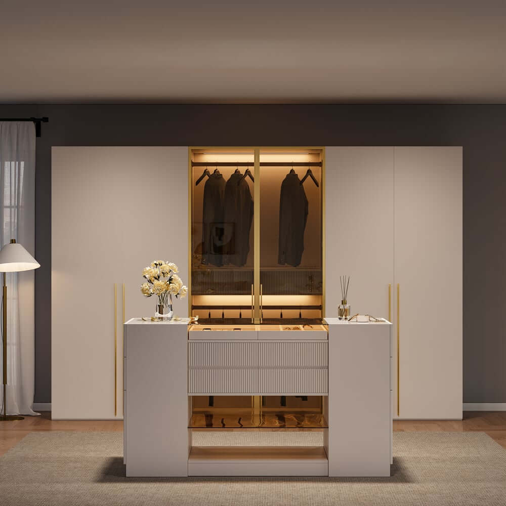 Modern White & Gold Wardrobe with LED Lighting and Glass Doors