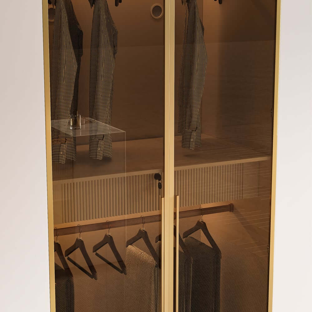 Modern White & Gold Wardrobe with LED Lighting and Glass Doors