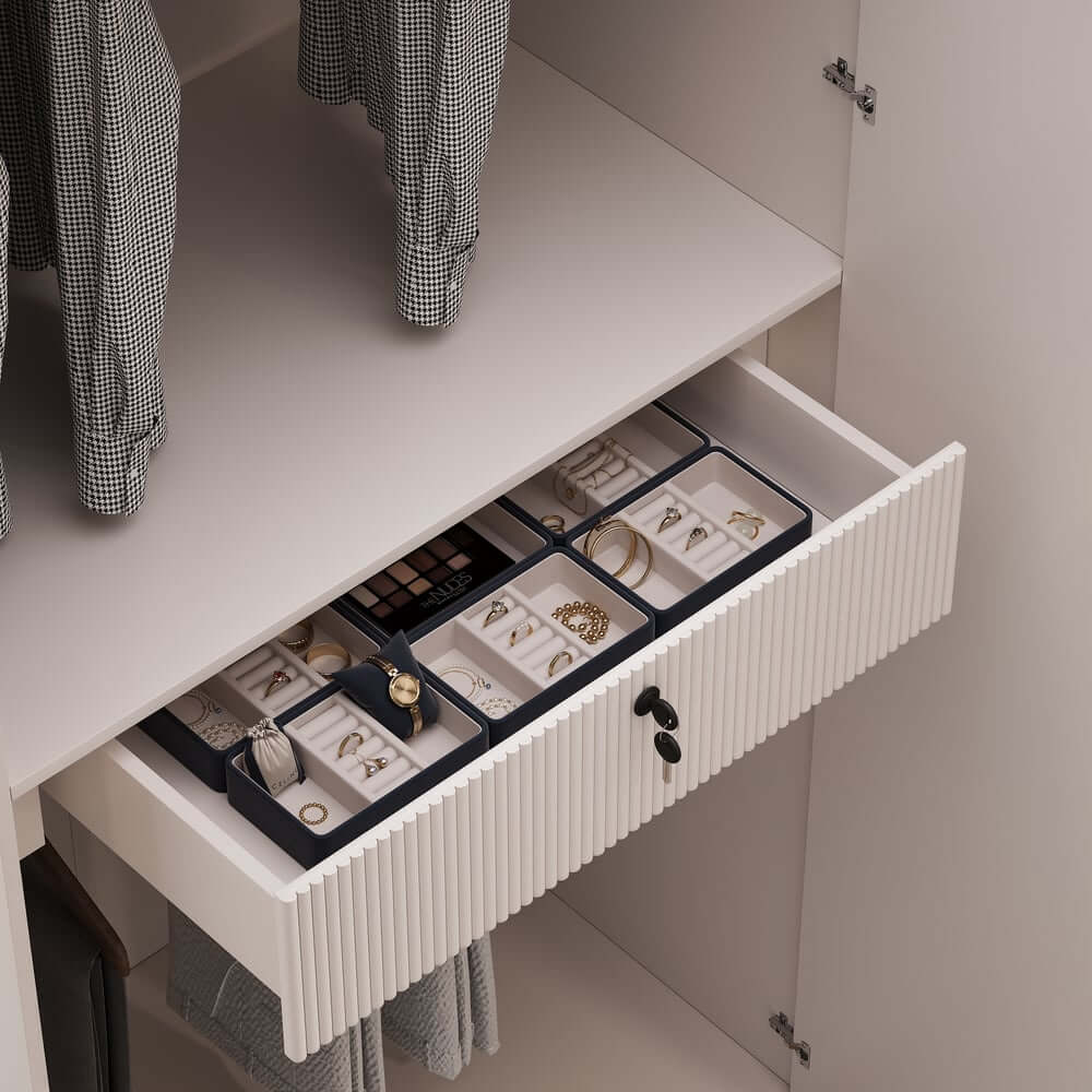 Modern White & Gold Wardrobe with LED Lighting and Glass Doors