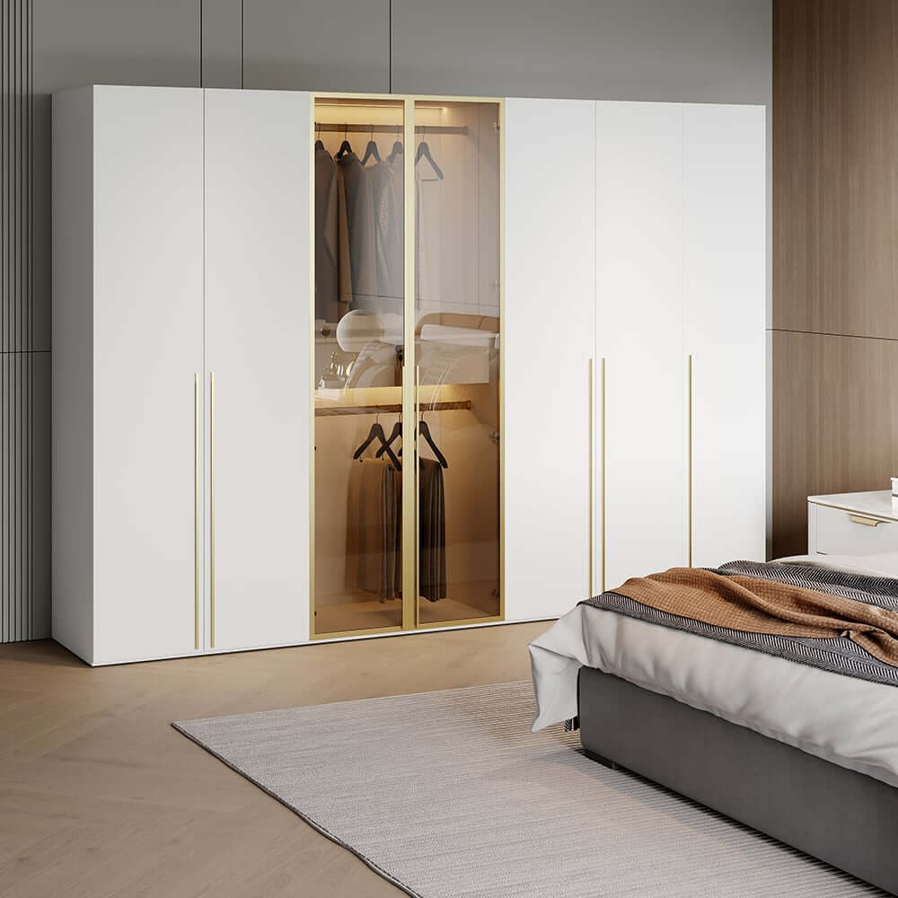 Modern White & Gold Wardrobe with LED Lighting and Glass Doors
