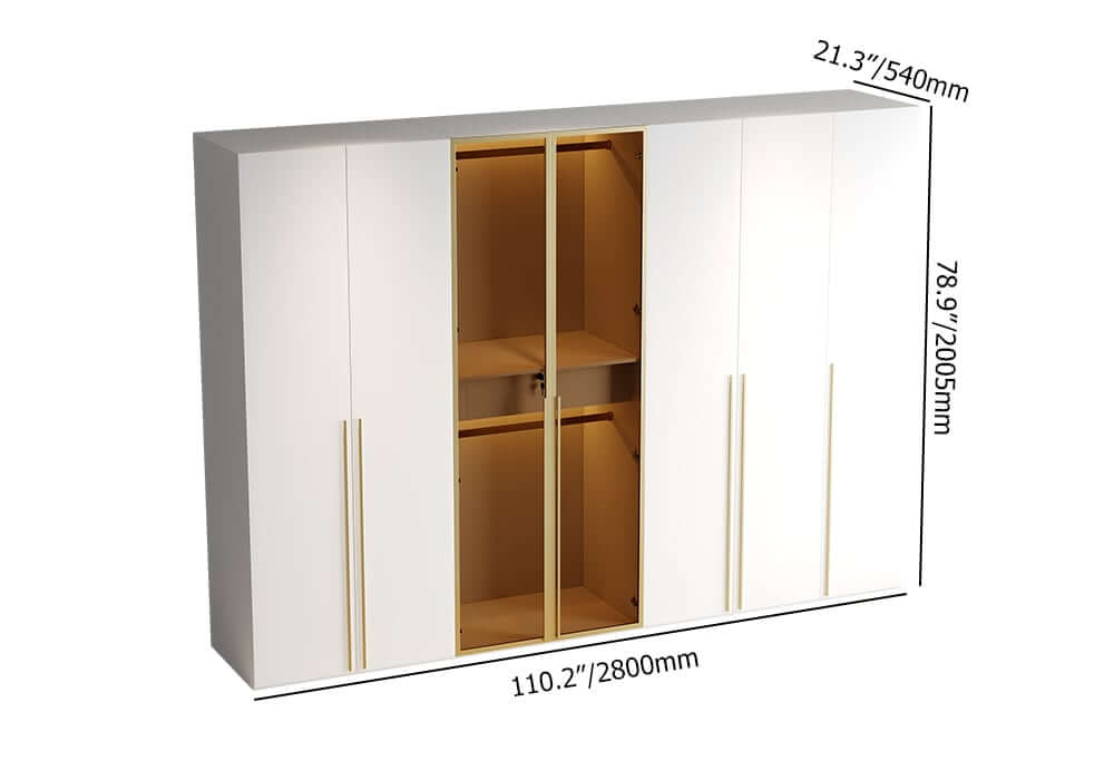 Modern White & Gold Wardrobe with LED Lighting and Glass Doors Dimensions