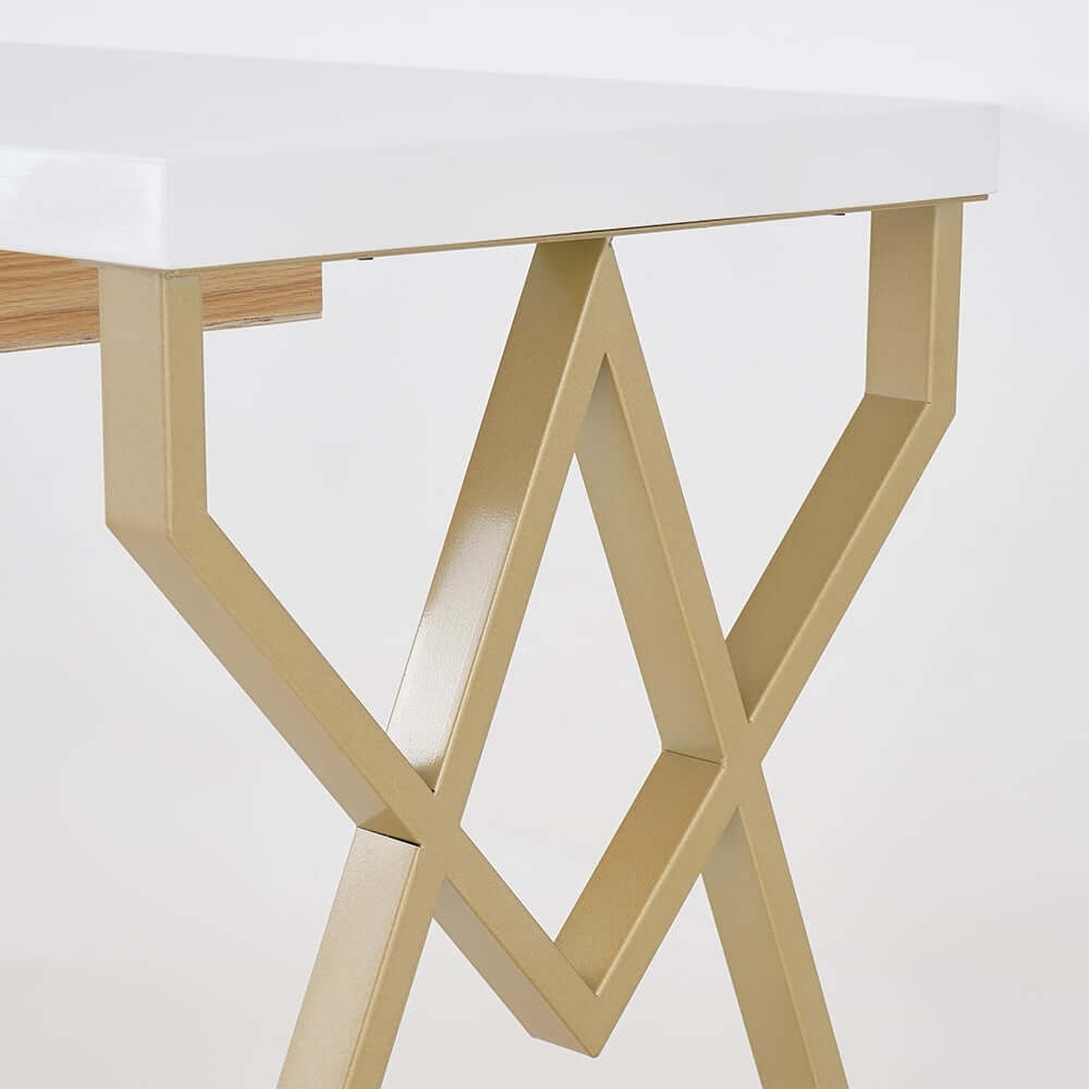 Modern White & Gold Writing Desk with Storage Drawer