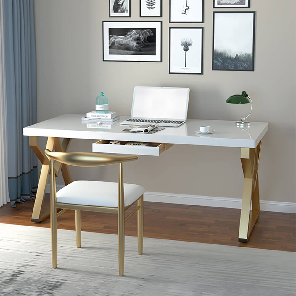 Modern White & Gold Writing Desk with Storage Drawer