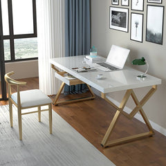 Modern White & Gold Writing Desk with Storage Drawer