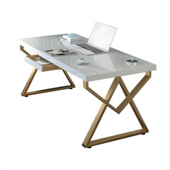 Modern White & Gold Writing Desk with Storage Drawer