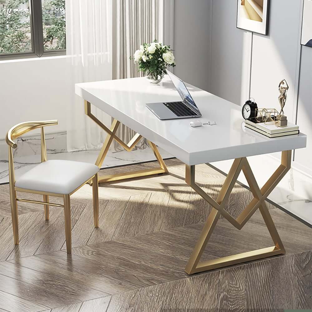 Modern White & Gold Writing Desk with Storage Drawer