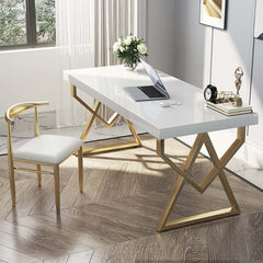 Modern White & Gold Writing Desk with Storage Drawer