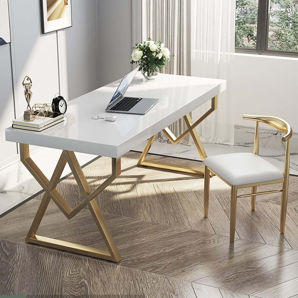 Modern White & Gold Writing Desk with Storage Drawer