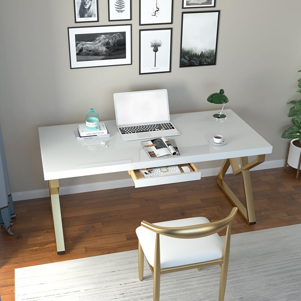 Modern White & Gold Writing Desk with Storage Drawer