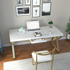 Modern White & Gold Writing Desk with Storage Drawer