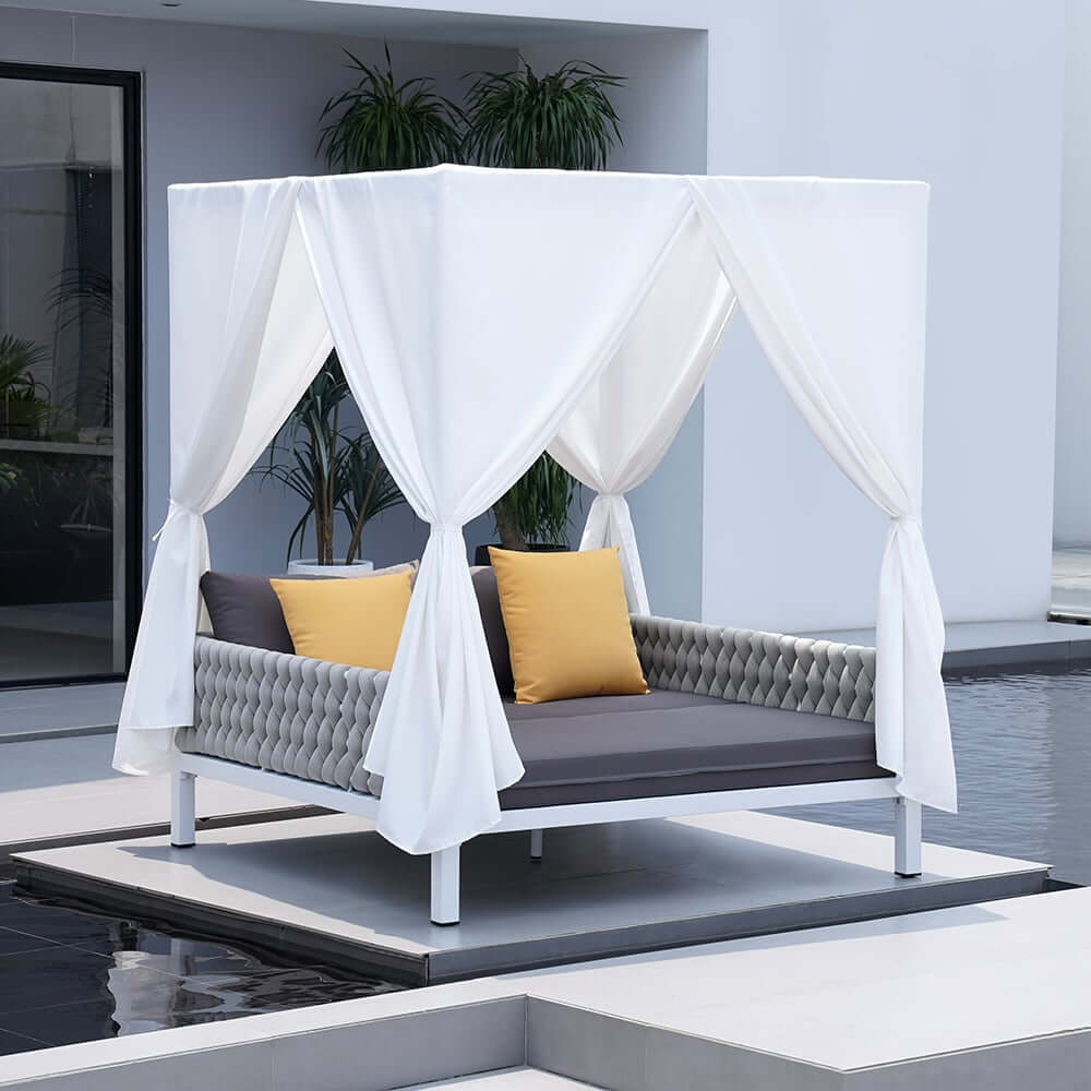 Modern White & Gray Outdoor Daybed with Canopy and Cushions