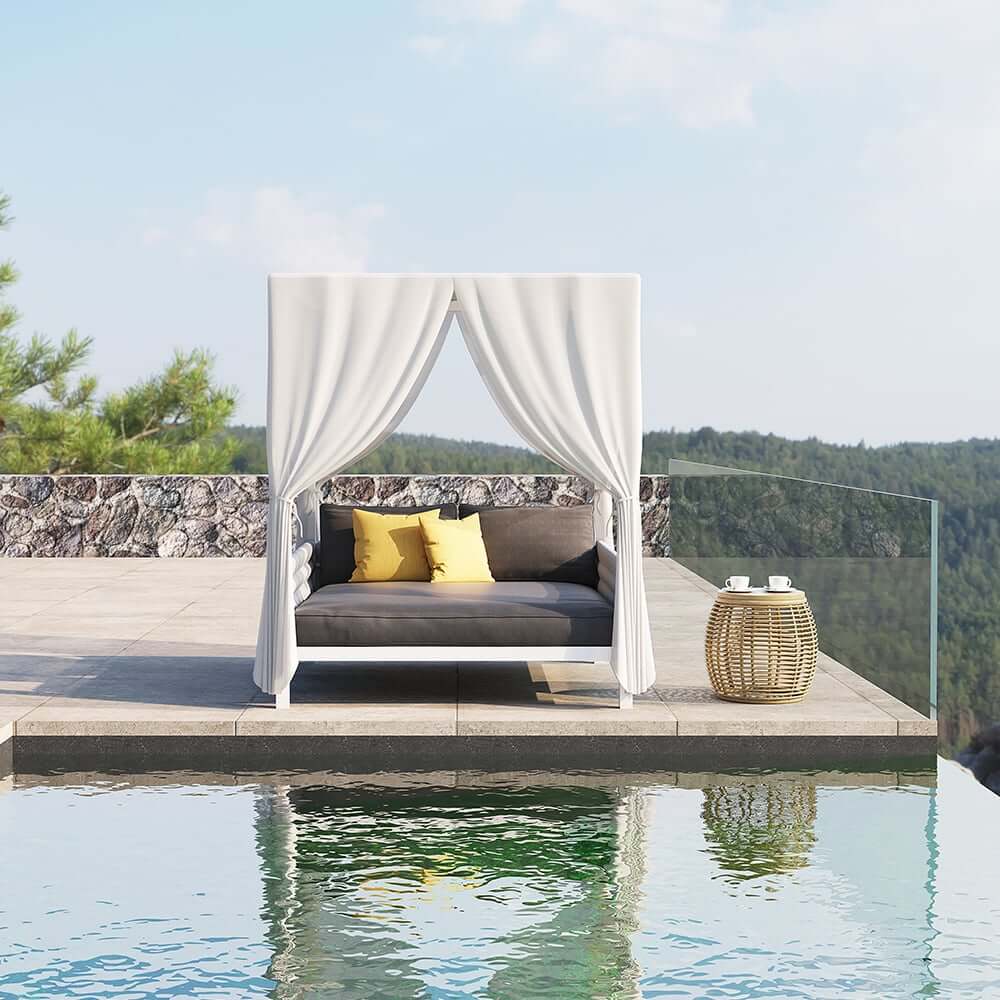 Modern White & Gray Outdoor Daybed with Canopy and Cushions