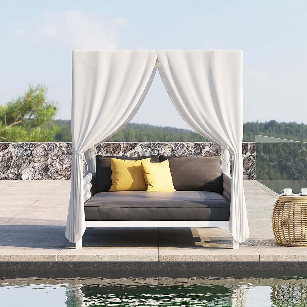 Modern White & Gray Outdoor Daybed with Canopy and Cushions