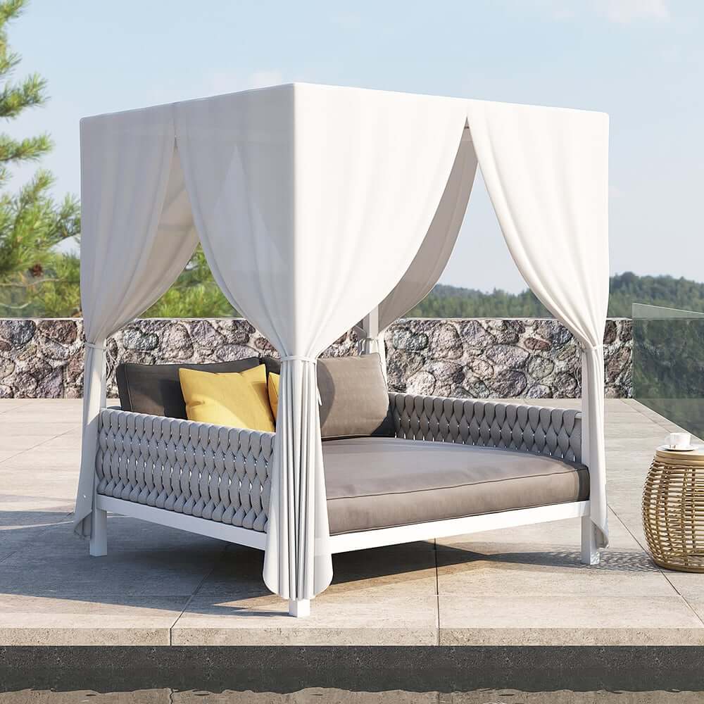 Modern White & Gray Outdoor Daybed with Canopy and Cushions