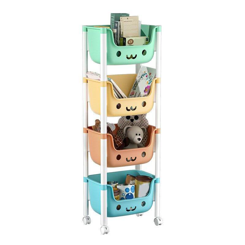 Modern White Kids Bookcase with Colorful Bins and Casters