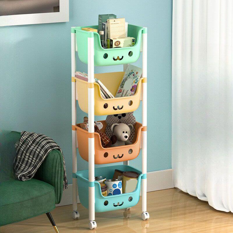 Modern White Kids Bookcase with Colorful Bins and Casters