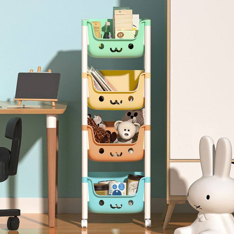 Modern White Kids Bookcase with Colorful Bins and Casters