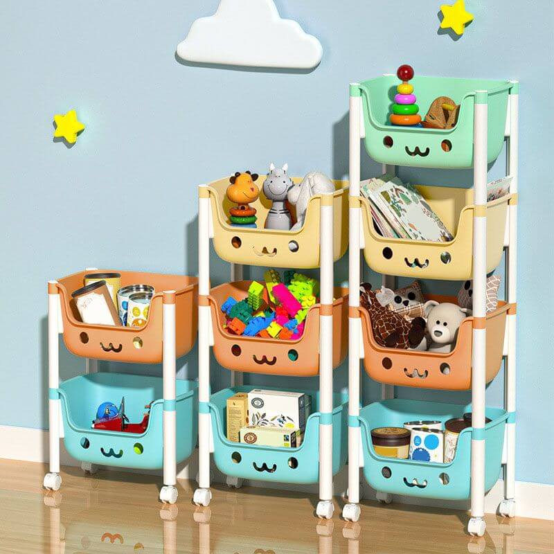 Modern white kids bookcase with colorful bins and casters