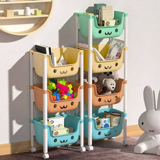 Modern White Kids Bookcase with Colorful Bins and Casters Main Product Image