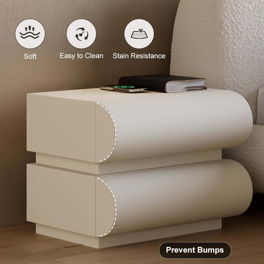 Modern White Leather Smart Nightstand with Wireless and USB-C Charging