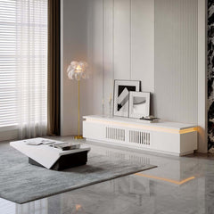 Modern White LED TV Stand For 70-79 Inch TVs, Slatted Design