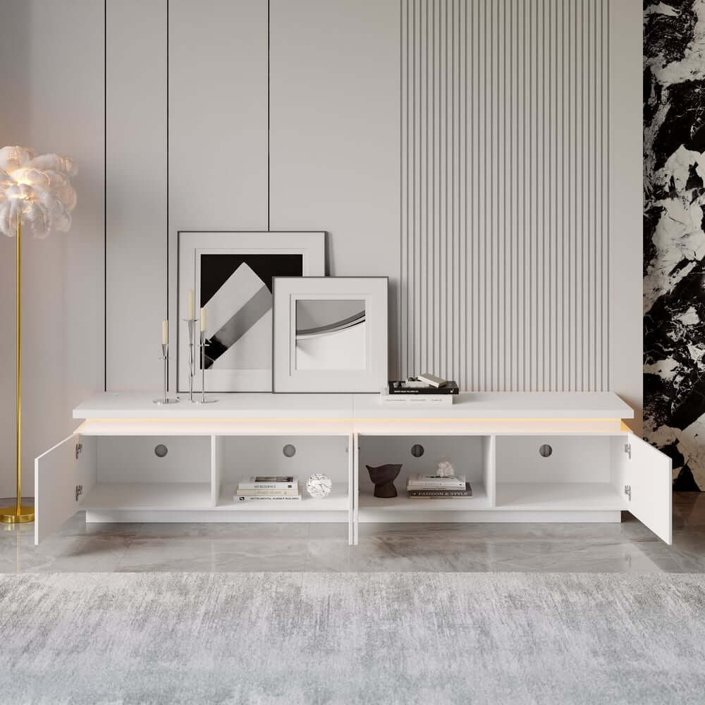 Modern White LED TV Stand For 70-79 Inch TVs, Slatted Design