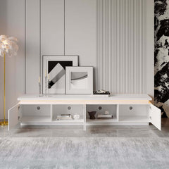 Modern White LED TV Stand For 70-79 Inch TVs, Slatted Design
