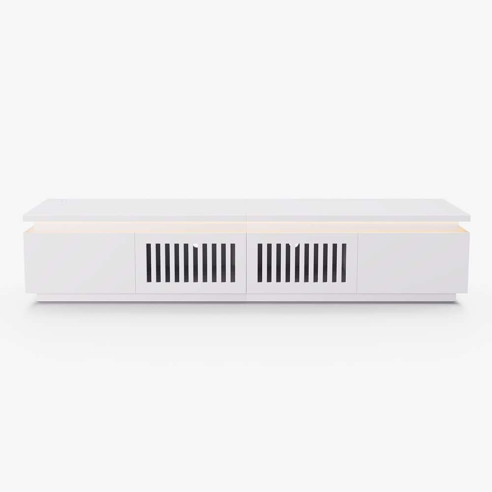 Modern White LED TV Stand For 70-79 Inch TVs, Slatted Design
